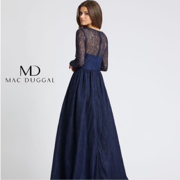 NEW Mac Duggal 12356D Navy Lace Long Sleeve Dress Gown w/ Overskirt Size 4 - Picture 2 of 6